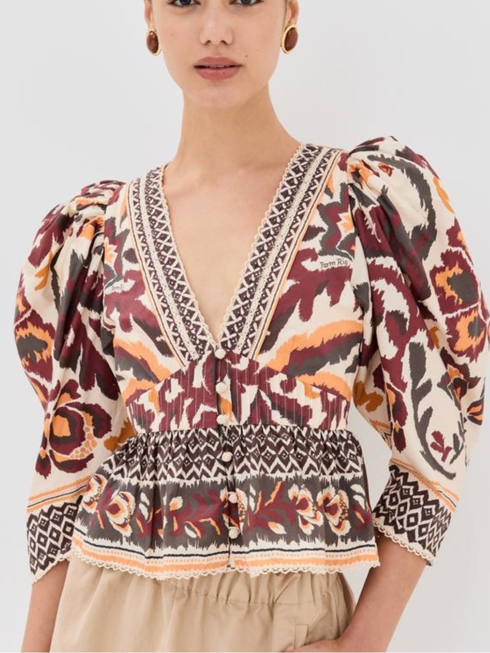 NWT Farm Rio Anthropologie Boho Puff Sleeve Peplum Blouse Size Small Cotton